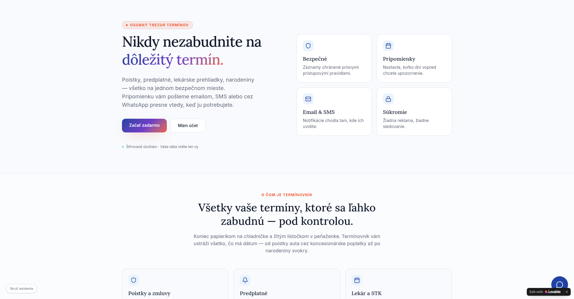 Termínovník — úvodná obrazovka