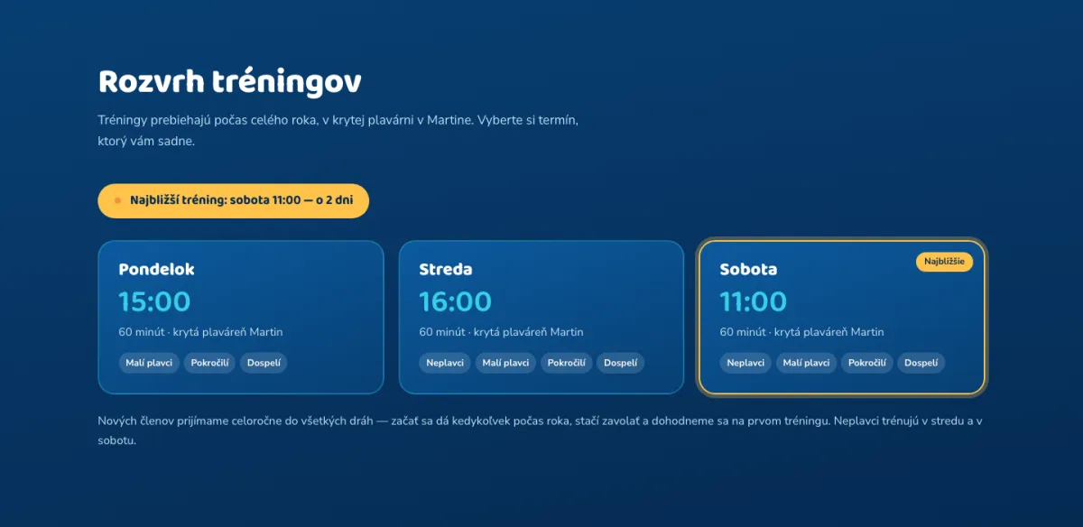 Aquamenty — rozvrh tréningov so zvýrazneným najbližším tréningom