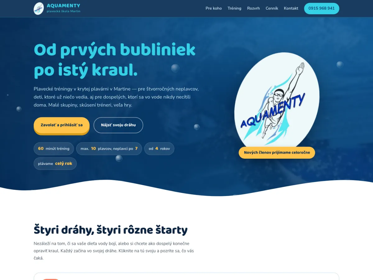 Aquamenty — úvodná obrazovka plaveckej školy