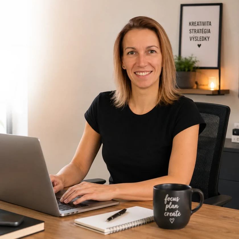Zuzana Smrčková pri notebooku za pracovným stolom